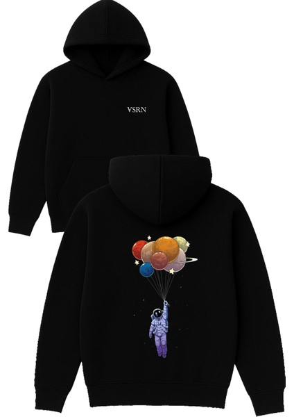 Gezegenlere Tutunmuş Astronot Tasarım Baskılı Oversize Siyah Kapüşonlu Sweatshirt