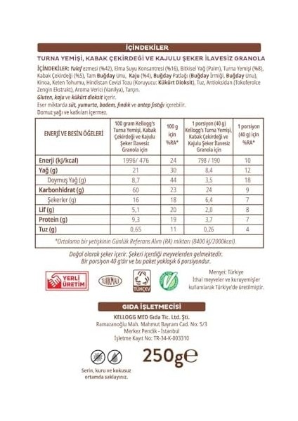 Kellogg&apos;s Ilave Şekersiz Granola Kajulu, Kabak Çekirdekli ve Turna Yemişli 250 G,%43 Yulaf Içerir,lif Kaynağı,kahvaltılık modelleri