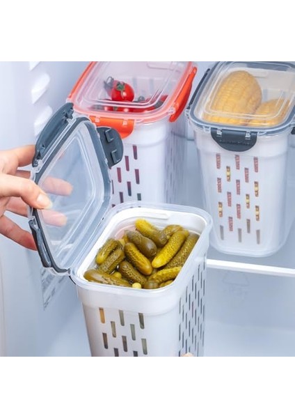 1047 2&apos;li Turuncu Kilitli Kapaklı Süzgeçli Turşuluk Zeytinlik Çok Amaçlı Dikdörtgen Saklama Kabı 2 L modelleri