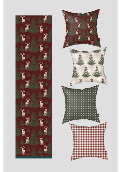 Bordo Yeşil Pötikare ve Çam Ağacı Yılbaşı 4 Kırlent Kılıfı 1 Runner Seti