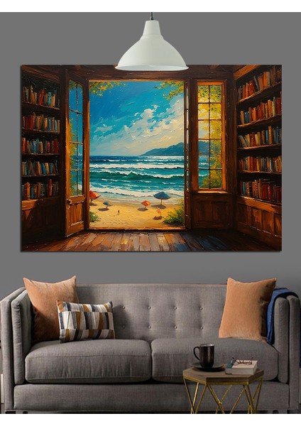 Kitaplık Pencere ve Deniz Dekoratif Kanvas - Mdf Ahşap Tablo