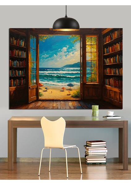 Kitaplık Pencere ve Deniz Dekoratif Kanvas - Mdf Ahşap Tablo fiyatları