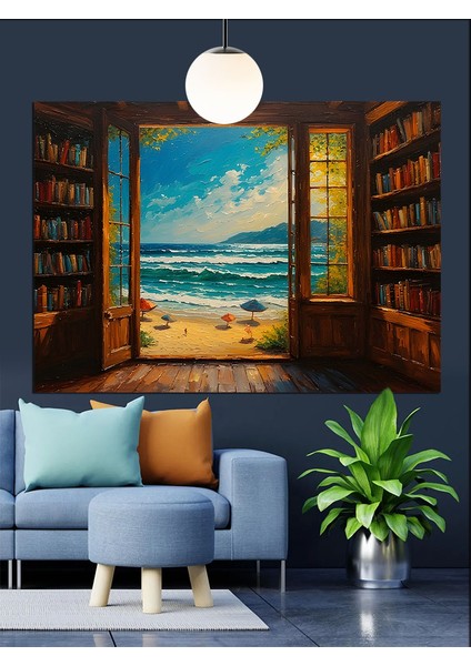 Kitaplık Pencere ve Deniz Dekoratif Kanvas - Mdf Ahşap Tablo modelleri