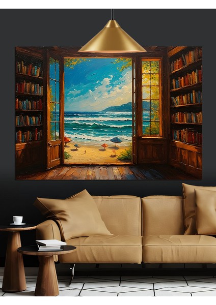 Kitaplık Pencere ve Deniz Dekoratif Kanvas - Mdf Ahşap Tablo fırsatları