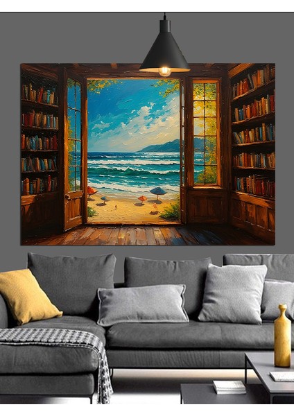 Kitaplık Pencere ve Deniz Dekoratif Kanvas - Mdf Ahşap Tablo indirimleri