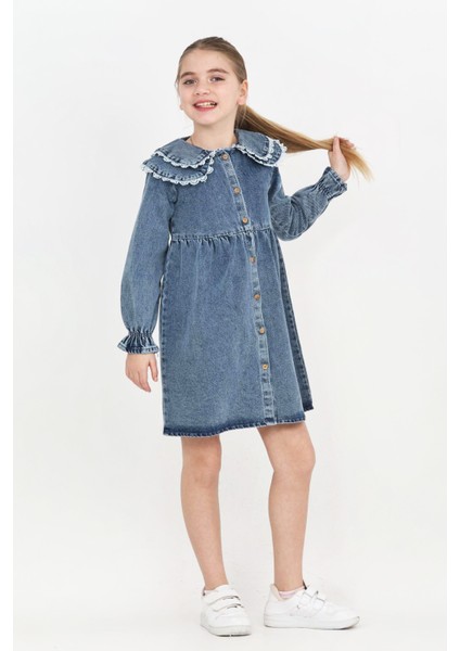Kız Çocuk Çift Yaka Detaylı ve Boydan Düğmeli Jean Elbise 12341