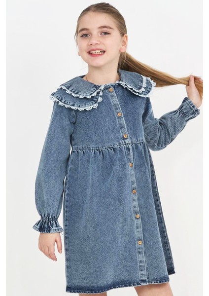 Kız Çocuk Çift Yaka Detaylı ve Boydan Düğmeli Jean Elbise 12341 fiyatları