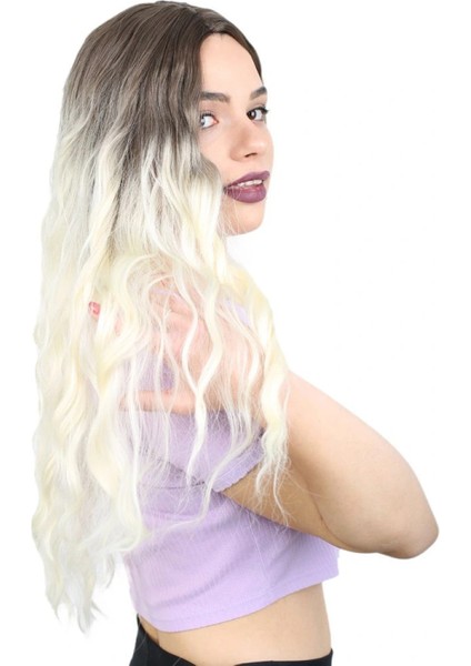 Su Dalgası Uzun Perçemsiz Fiber Sentetik Peruk - Küllü Açık Kahve / Platin Ombreli fiyatları