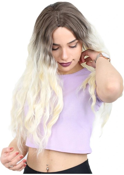 Su Dalgası Uzun Perçemsiz Fiber Sentetik Peruk - Küllü Açık Kahve / Platin Ombreli modelleri