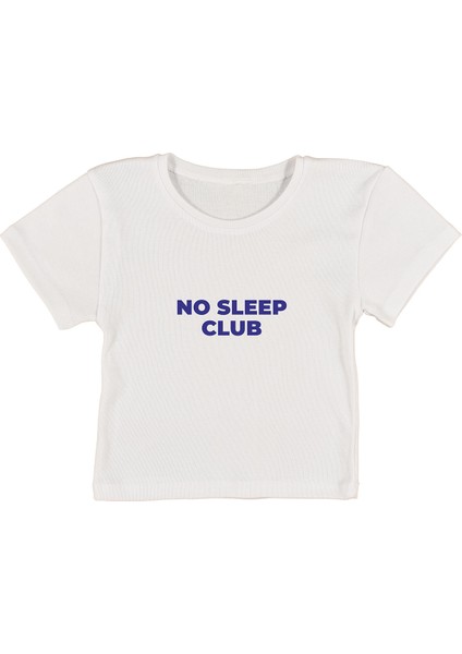 No Sleep Club Baskılı Beyaz Crop Top