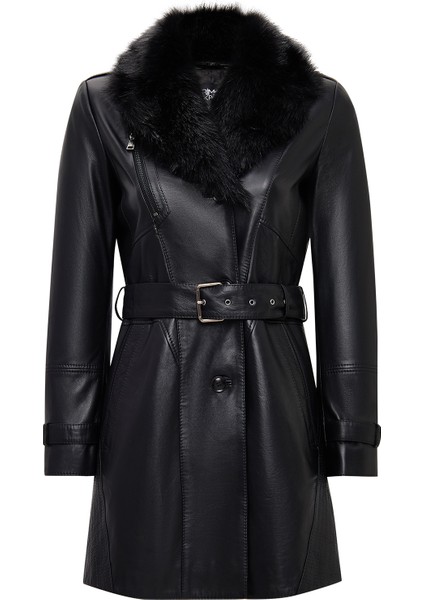 Valeria Kadın Siyah Yaka Kürklü Kemer Detaylı Deri Kaban 25WGE56181M