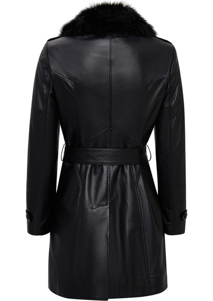 Valeria Kadın Siyah Yaka Kürklü Kemer Detaylı Deri Kaban 25WGE56181M fiyatları