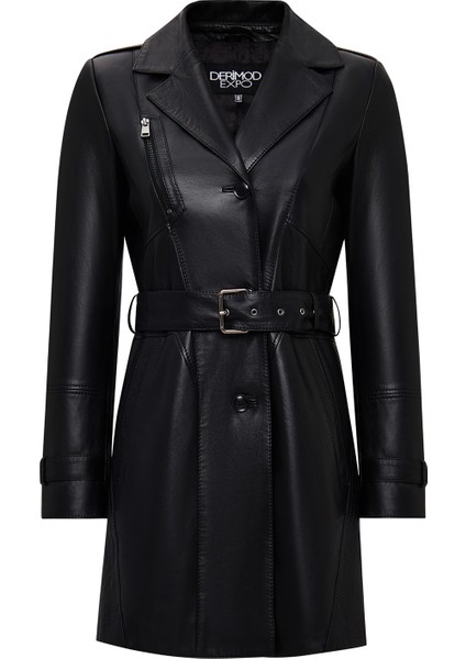 Valeria Kadın Siyah Yaka Kürklü Kemer Detaylı Deri Kaban 25WGE56181M modelleri