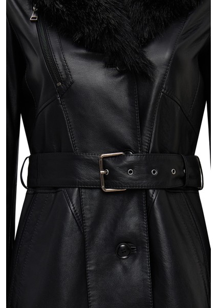 Valeria Kadın Siyah Yaka Kürklü Kemer Detaylı Deri Kaban 25WGE56181M indirimleri