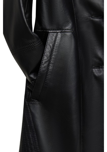 Valeria Kadın Siyah Yaka Kürklü Kemer Detaylı Deri Kaban 25WGE56181M