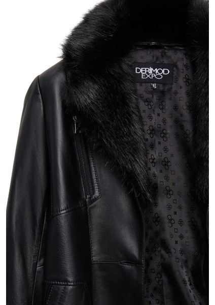 Valeria Kadın Siyah Yaka Kürklü Kemer Detaylı Deri Kaban 25WGE56181M