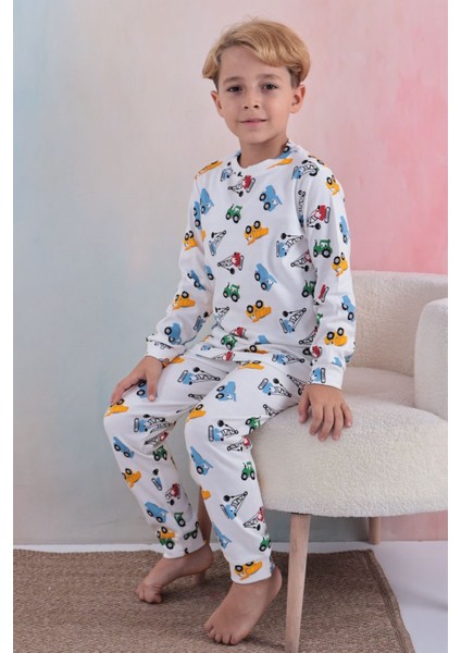 108 Erkek Çocuk Uzun Kollu Bisiklet Yaka Pijama Takım-Beyaz