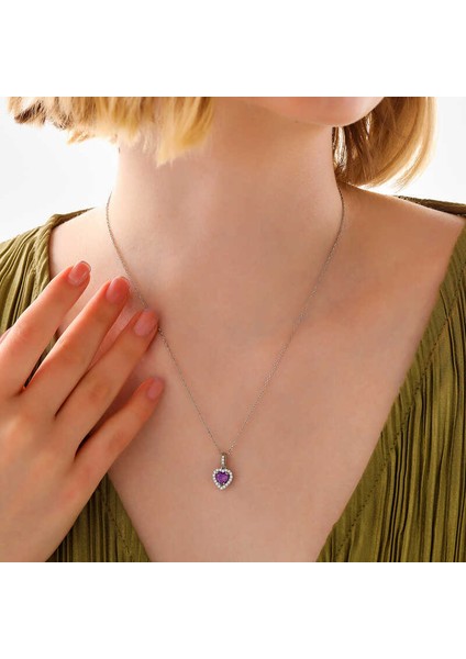 Gümüş Mor Taşlı Kalpli Kadın Kolye fiyatları