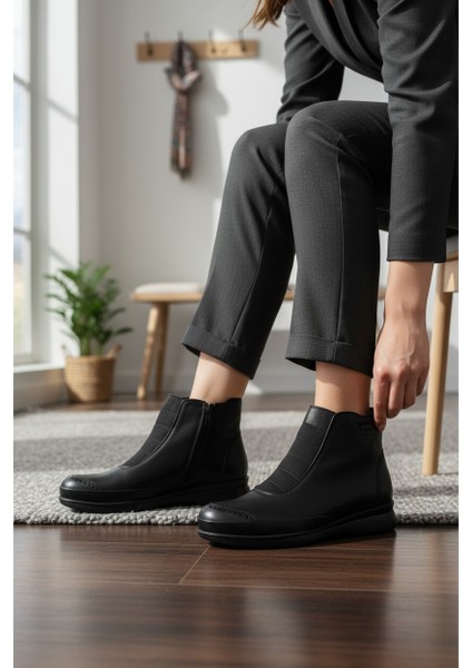 Velikundura Hakiki Deri Siyah Kauçuk Taban Kadın Bot