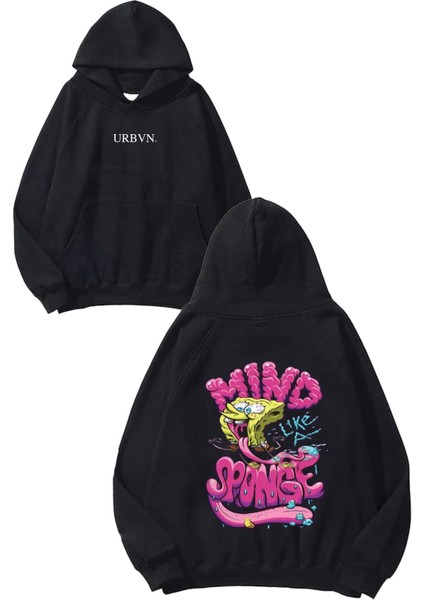 Sponge Mind Tasarım Baskılı Oversize Siyah Kapüşonlu Sweatshirt