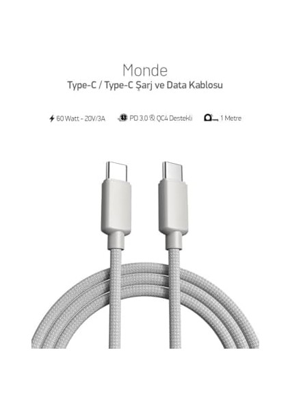 60W Örgülü Type C To Type C Spk-10 Monde 1mt ve Şarj Kablosu modelleri