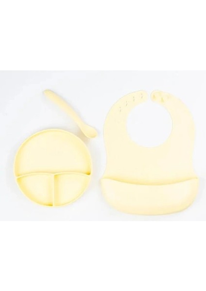 Sarı 3’lü Silikon Yemek Seti – Önlük + Diş Kaşıyıcılı Kaşık + Vakumlu Tabak