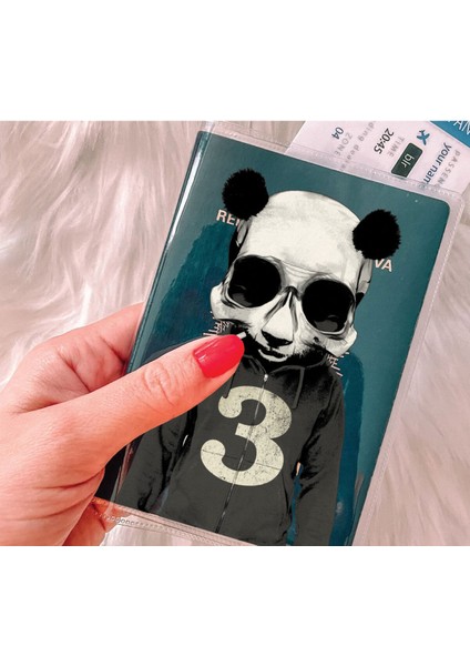 Tüm Ülke Pasaportları ile Uyumlu Şeffaf Pvc Baskılı Cepli Pasaport Kılıfı Kabı - Skull Panda