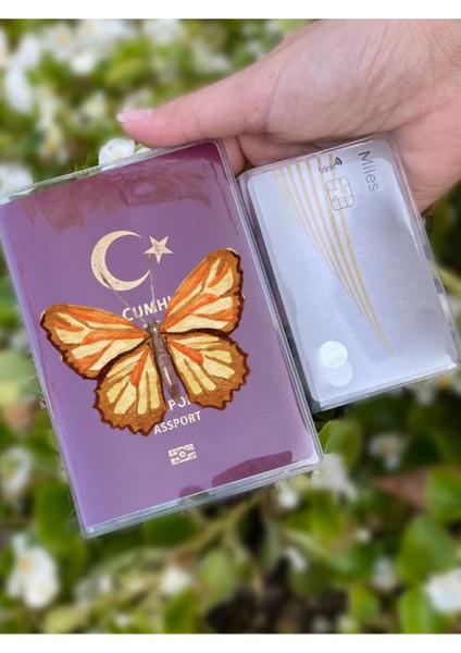 Kelebek Tuval Desenli Universal Şeffaf Pasaport Kılıfı Model Tüm Ülke Pasaportlarına Uygun