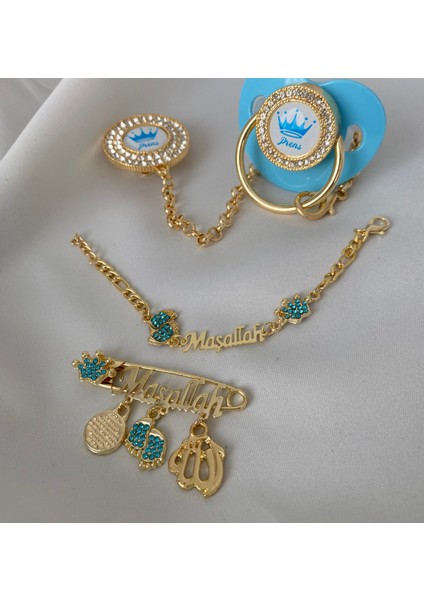 Altın Kaplama Zirkon Taşlı Emzik Seti – Maşallah Iğnesi & Bebek Künyesi Dahil fiyatları