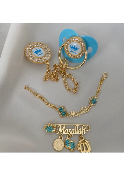 Altın Kaplama Zirkon Taşlı Emzik Seti – Maşallah Iğnesi & Bebek Künyesi Dahil modelleri