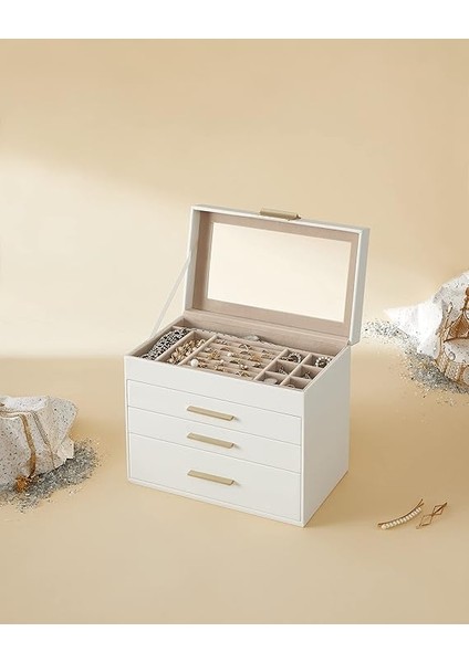 Mücevher Kutusu 4 Katmanlı Mücevher Kutusu Cam Kapaklı 3 Çekmeceli Güneş Gözlüğü Büyük Takı Takı Depolama Modern Bulut Beyaz Altın JBC161W01 fırsatları