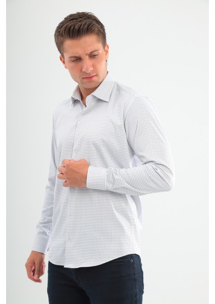 Slimfit Beyaz Lacivert Kareli Erkek Gömlek Likralı Dar Kesim Yapısıyla AS045085/19