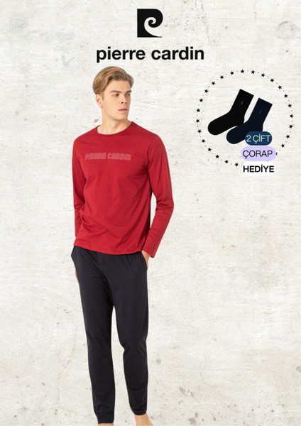 Erkek Giyim %100 Pamuk Uzun Kollu Bordo Pijama Takımı (2 Adet Hediye Çorap) L1.PC.6093.001