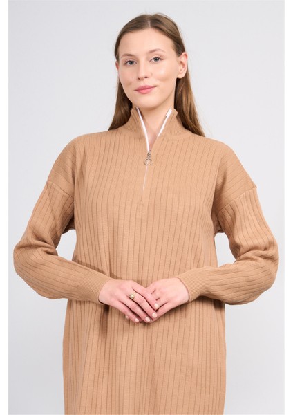 K26 9050 Camel Kadın Uzun Kazak Elbıse