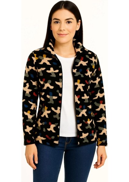 Kadın Tam Fermuarlı Desenli Polar Sweat – Siyah Multicolor Figür Desen Yakalı, Uzun Kollu, Oversize Rahat Kalıp - Siyah