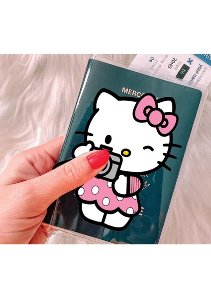 Tüm Ülke Pasaportları ile Uyumlu Şeffaf Pvc Baskılı Cepli Pasaport Kılıfı Kabı - Kitty