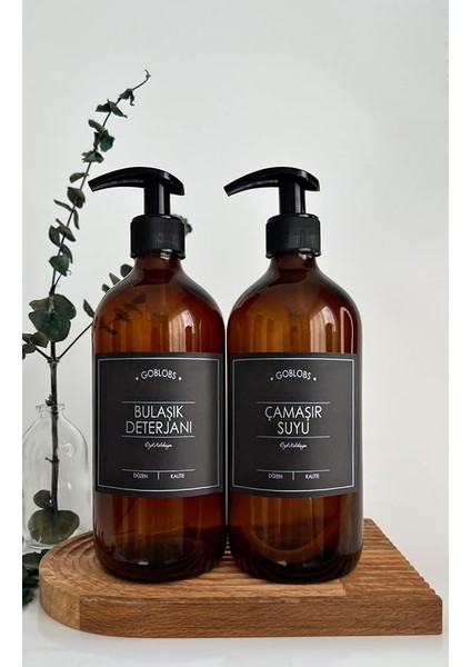 Blobs 2'li Set 500ML Amber Kahverengi Cam Şişe Bulaşık Deterjanı & Çamaşır Suyu Siyah Etiketli (Kahverengi(Bulaşık Deterjanı Çamaşır Suyu))