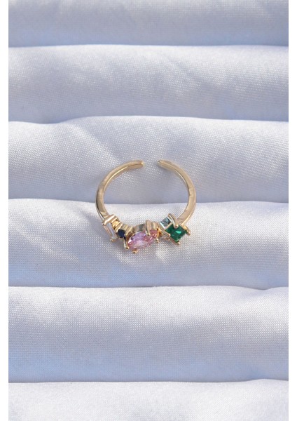 Pirinç Gold Renk Renkli Zirkon Taşlı Ayarlanabilir Yüzük fiyatları