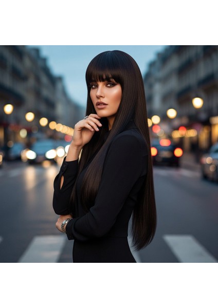 Düz Perçemli Uzun Fiber Sentetik Peruk - Kahverengi