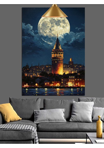 Dolunayda Işıklandırılmış Galata Manzarası Dekoratif Kanvas - Mdf Ahşap Tablo
