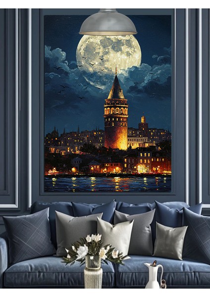 Dolunayda Işıklandırılmış Galata Manzarası Dekoratif Kanvas - Mdf Ahşap Tablo fiyatları