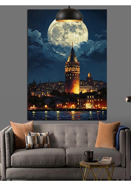 Dolunayda Işıklandırılmış Galata Manzarası Dekoratif Kanvas - Mdf Ahşap Tablo modelleri