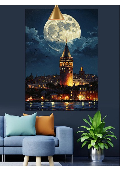Dolunayda Işıklandırılmış Galata Manzarası Dekoratif Kanvas - Mdf Ahşap Tablo fırsatları