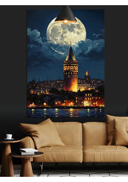 Dolunayda Işıklandırılmış Galata Manzarası Dekoratif Kanvas - Mdf Ahşap Tablo indirimleri