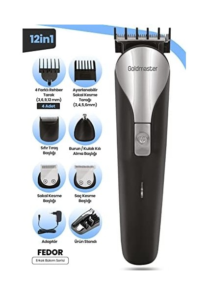 Goldmaster Fedor 120 Dakika Kullanım Süreli Li-Ion Bataryalı 12 In 1 Erkek Bakım Seti