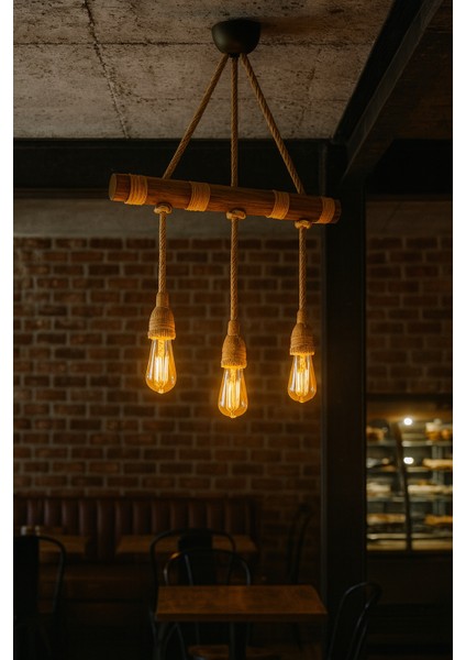 Jüt Halatlı Sarkıt Ahşap Avize Sarkıt Lamba Bohem Tarzı Rustik 3 Lü Aydınlatma modelleri