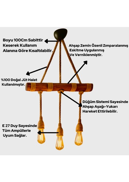 Jüt Halatlı Sarkıt Ahşap Avize Sarkıt Lamba Bohem Tarzı Rustik 3 Lü Aydınlatma