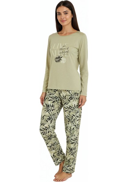 Üstü Yazılı Altı Yaprak Desenli Elite Viscose Pijama Takımı Uzun Yeşil 3559