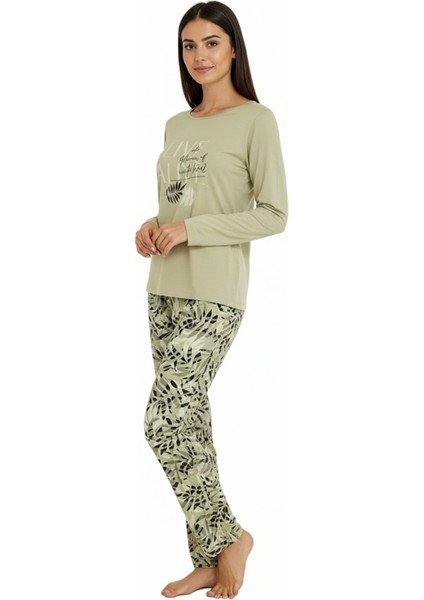 Üstü Yazılı Altı Yaprak Desenli Elite Viscose Pijama Takımı Uzun Yeşil 3559 fiyatları