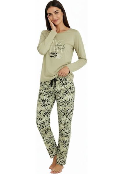 Üstü Yazılı Altı Yaprak Desenli Elite Viscose Pijama Takımı Uzun Yeşil 3559 modelleri